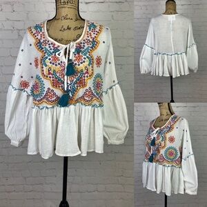 Peace & Love Oversized Embroidered Babydoll Lantern Sleeve Top